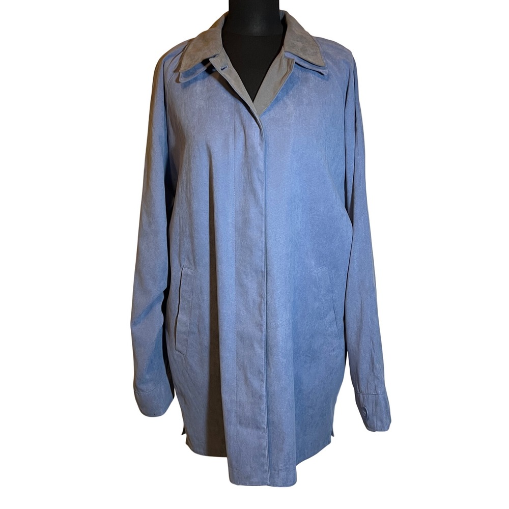 London Fog Faux Suede Trench Coat Jacket in Baby Blue and Grey, Women's Size XL